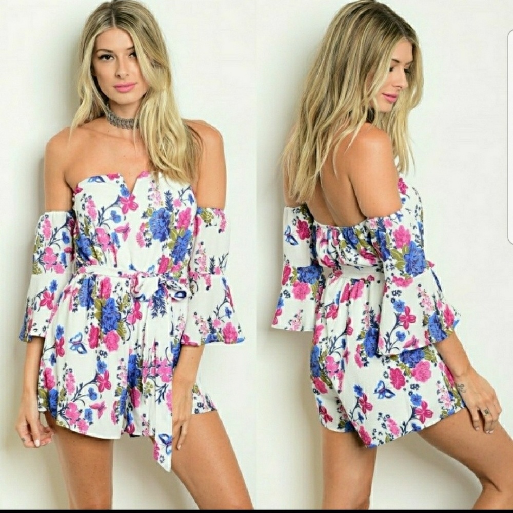 NWT Ivory and Blue Floral Romper